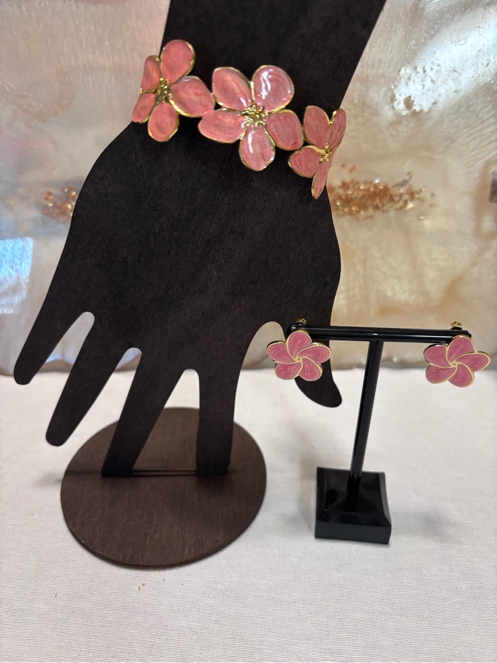 Pink Floral Enamel Adjustable Bracelet - Gold Tone